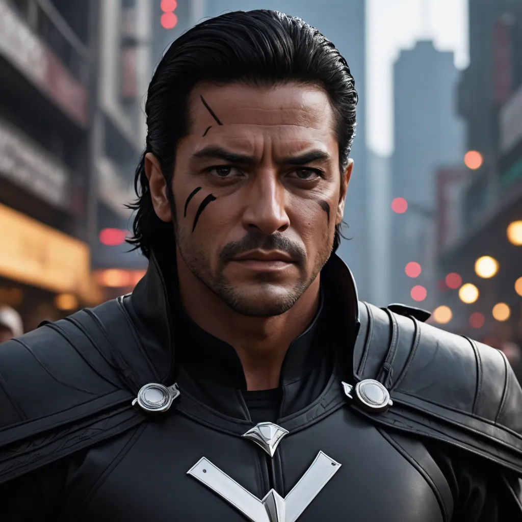a man in a black suit with a white v on his face and a city street in the background, photorealism, a character portrait, Cedric Peyravernay, unreal engine highly rendered
