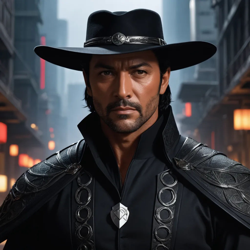 a man in a black hat and black jacket in a city street at night with a cityscape in the background, fantasy art, a character portrait, Du Jin, unreal engine 5 quality render
