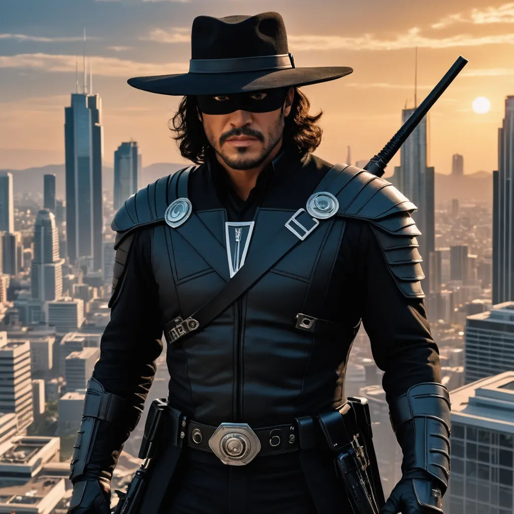 a man in a black outfit and hat with a gun in his hand and a city in the background, rayonism, a character portrait, Altichiero, promotional image