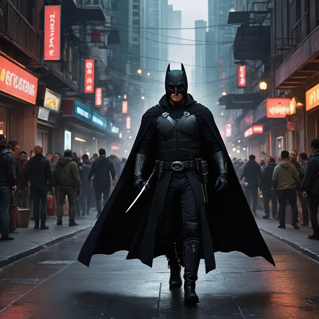 a man dressed as batman walking down a street in a city at night with people walking around him and a lot of signs, panfuturism, a detailed matte painting, Altichiero, dark night