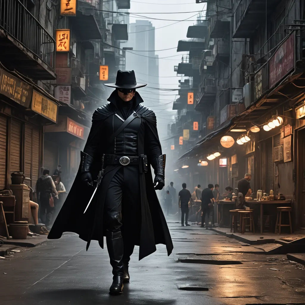 a man in a black coat and hat walking down a street in a city at night with people walking around, rayonism, a matte painting, Dong Kingman, western comic book art