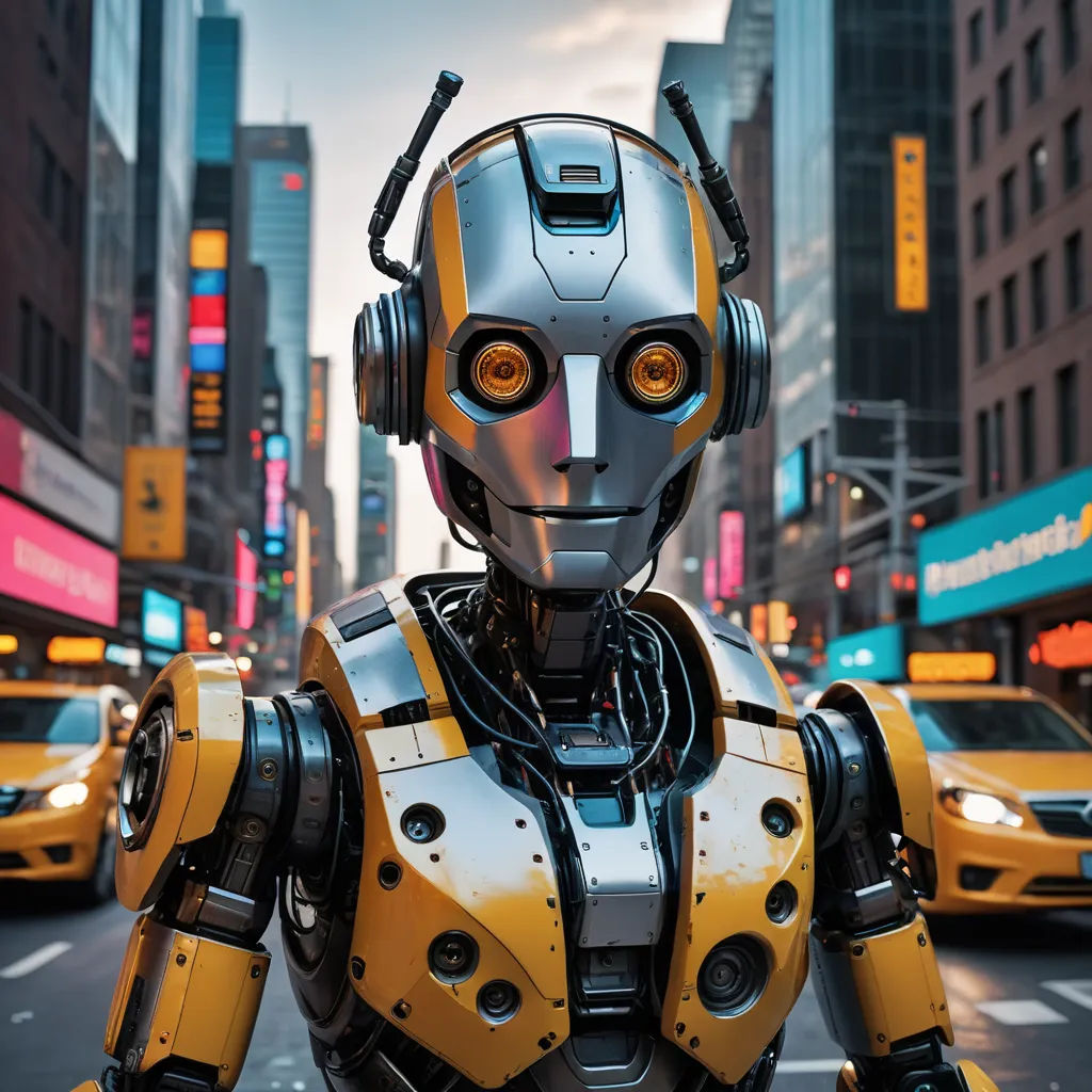 a robot is standing in the middle of a busy city street with headphones on his ears and a yellow taxi cab behind him, les automatistes, cyberpunk art, Beeple, robots