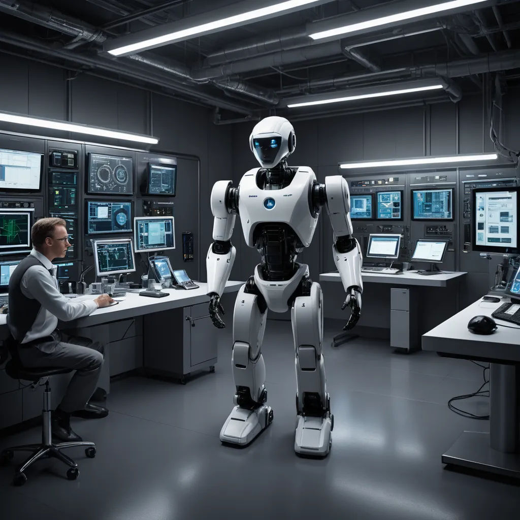 a man sitting at a desk with a robot in front of him in a control room with multiple monitors, les automatistes, a computer rendering, Ai-Mitsu, cybernetics