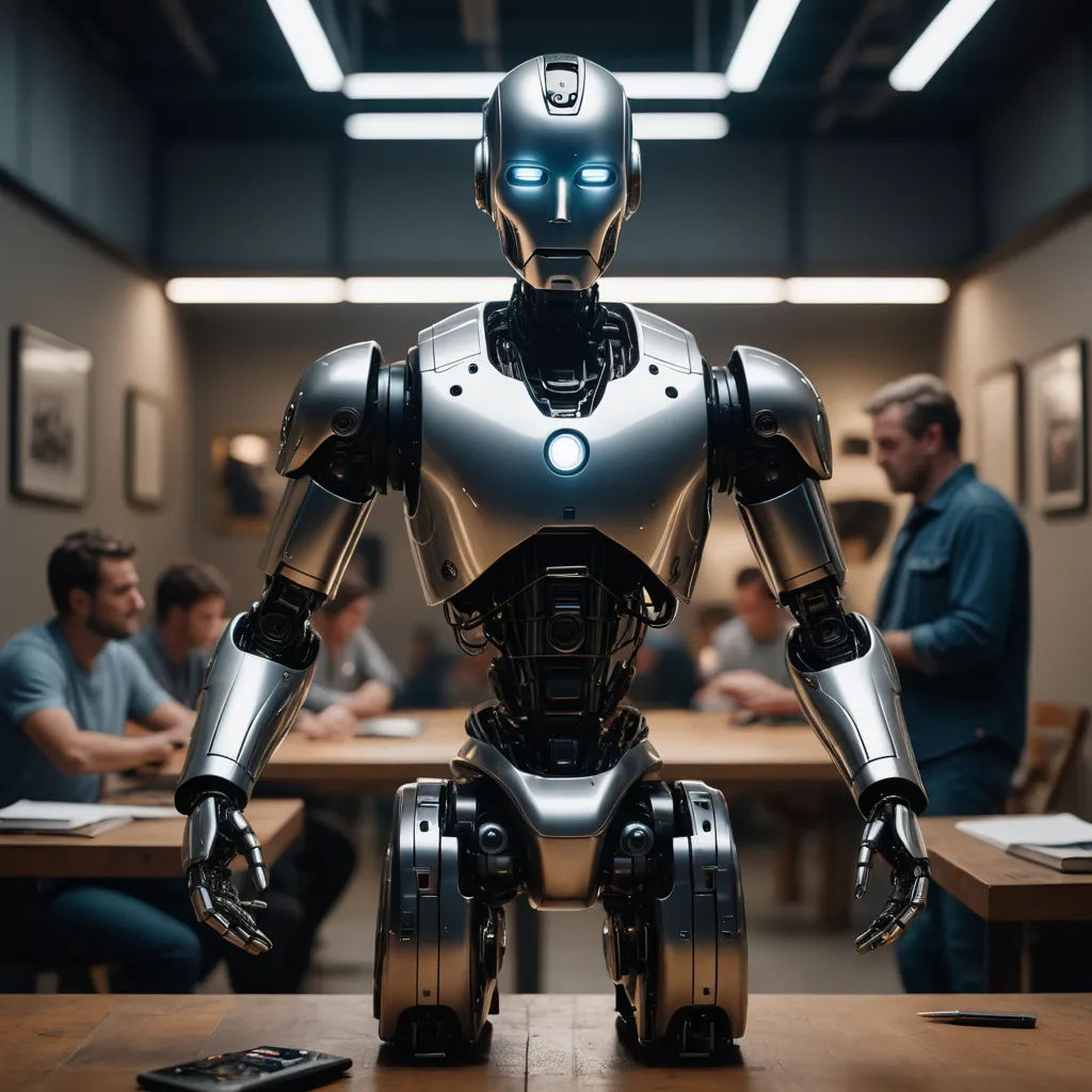 a robot standing in a room with people sitting at a table and a cell phone on the table in front of him, les automatistes, a stock photo, Beeple, cybernetics