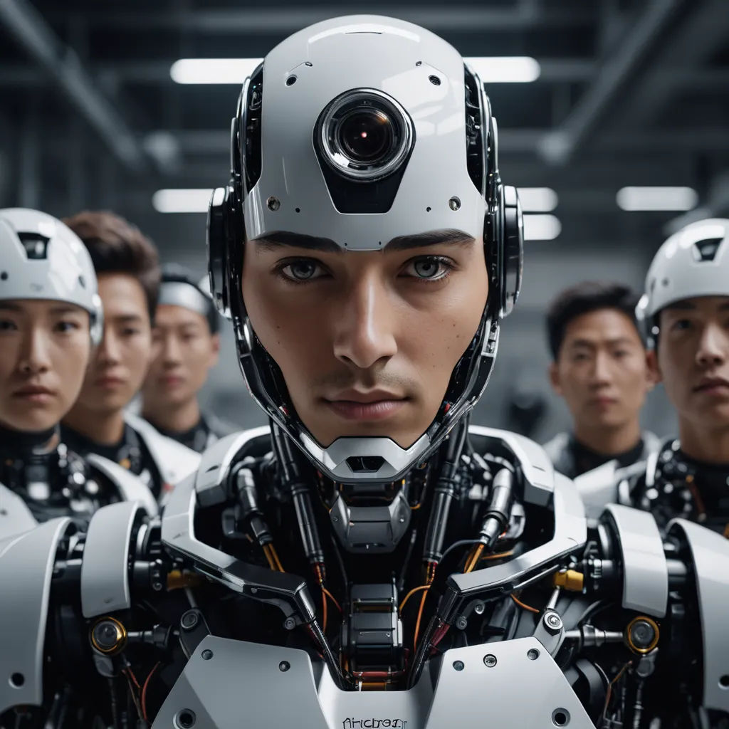 a group of men in white helmets and suits with robotic arms and legs, all looking at the camera, panfuturism, a computer rendering, Ai-Mitsu, cyborg