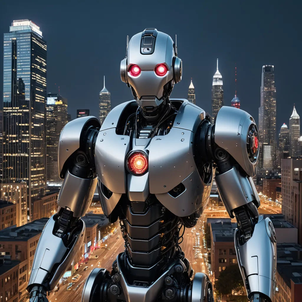 a robot standing in front of a city skyline at night with red eyes and a red light on his face, les automatistes, cyberpunk art, Altichiero, half robot