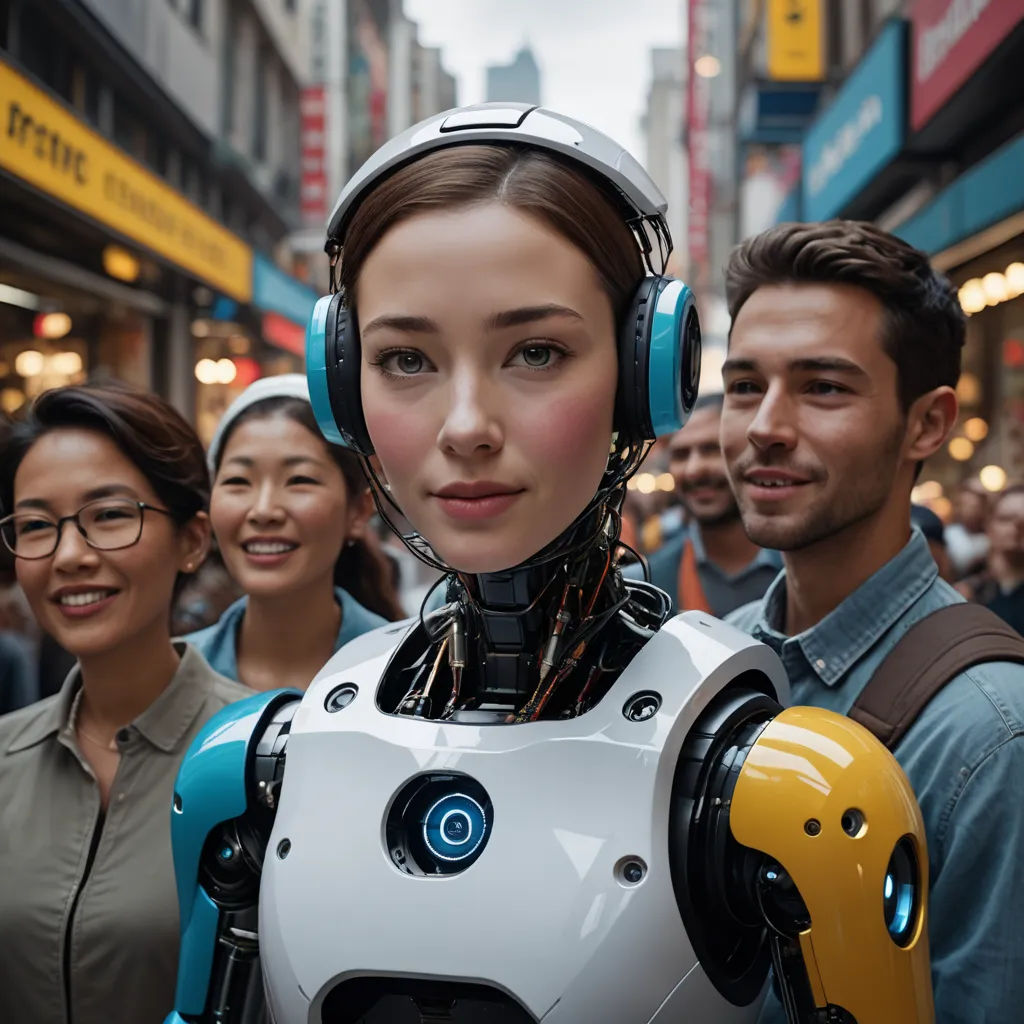 a group of people standing around a robot with headphones on and a woman in a blue shirt and a man in a gray shirt, les automatistes, a stock photo, Beeple, half robot