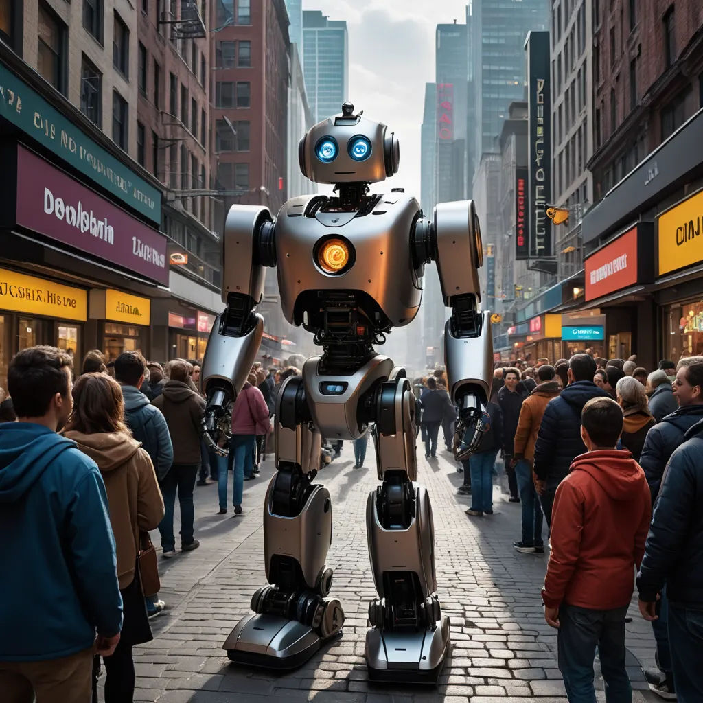 a robot is standing in the middle of a crowded street in a city with people walking around it and a crowd of people walking around, les automatistes, a stock photo, Beeple, robots