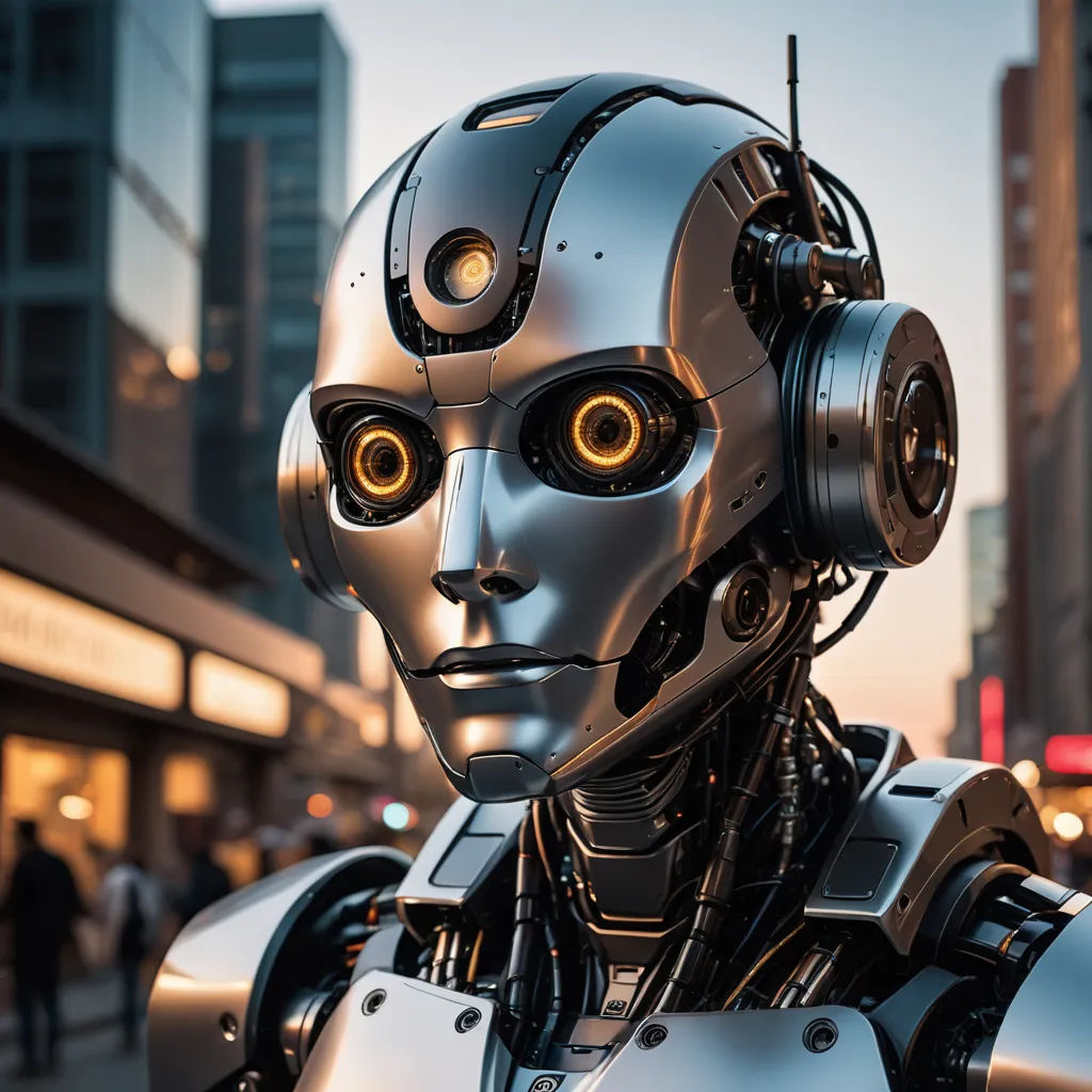 a robot with glowing eyes and a head with a light on it's face is standing in a city, les automatistes, cyberpunk art, Ai-Mitsu, cybernetics