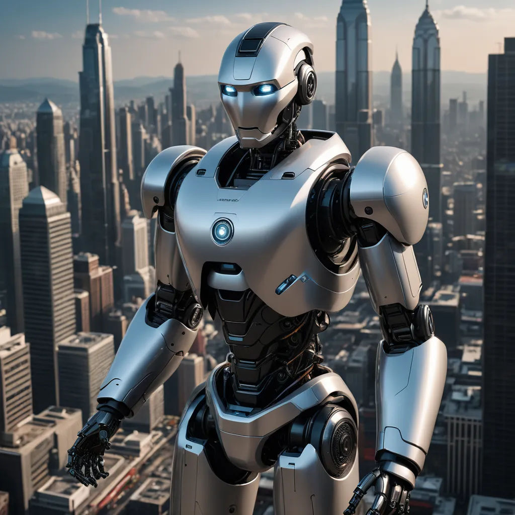 a robot standing in front of a city skyline with skyscrapers in the background and a robot in the foreground, futurism, a 3D render, Beeple, robots