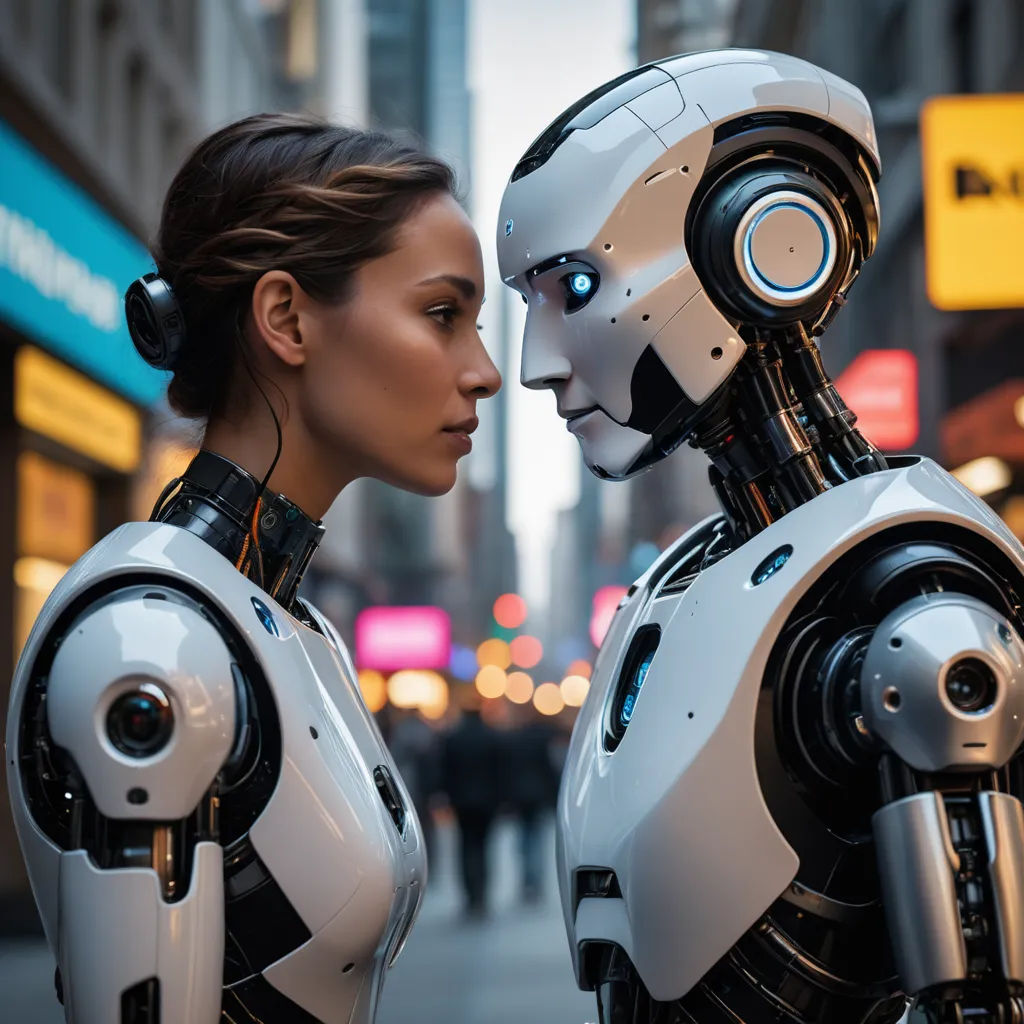 a woman standing next to a robot on a city street at night with a man in the background looking at her, les automatistes, cyberpunk art, Beeple, robots