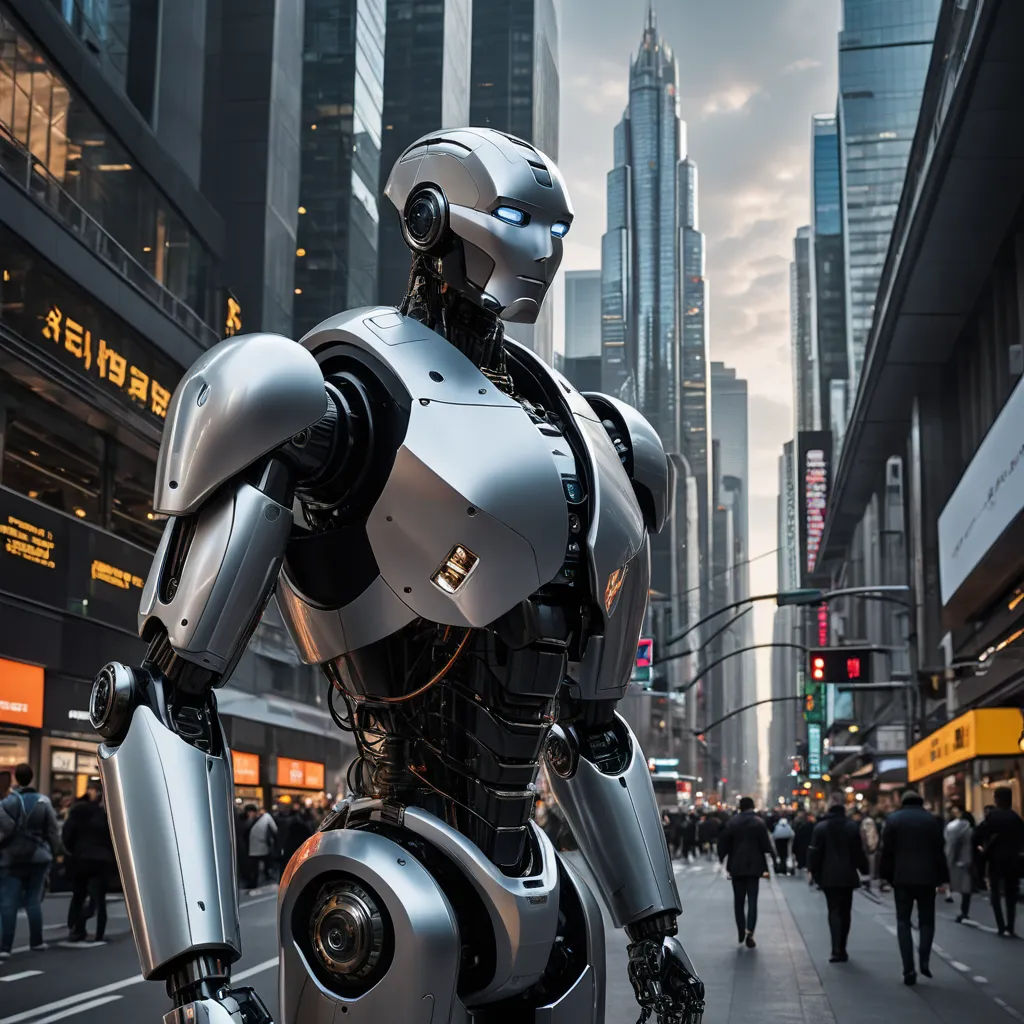 a robot standing on a city street in front of a tall building with a lot of people walking around, futurism, cyberpunk art, Beeple, robots