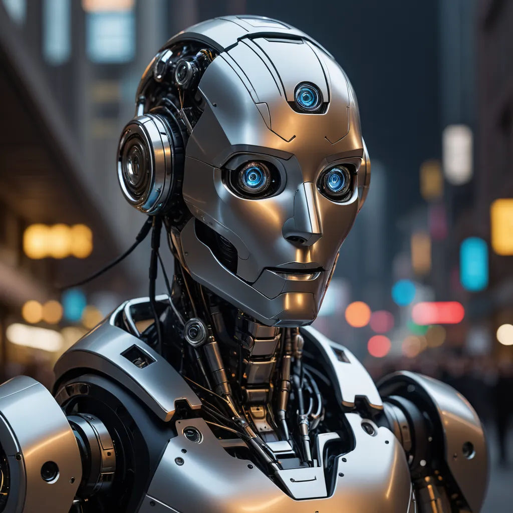 a robot with headphones on is standing in the street at night with a city in the background and a building with lights, les automatistes, cyberpunk art, Ai-Mitsu, cybernetic