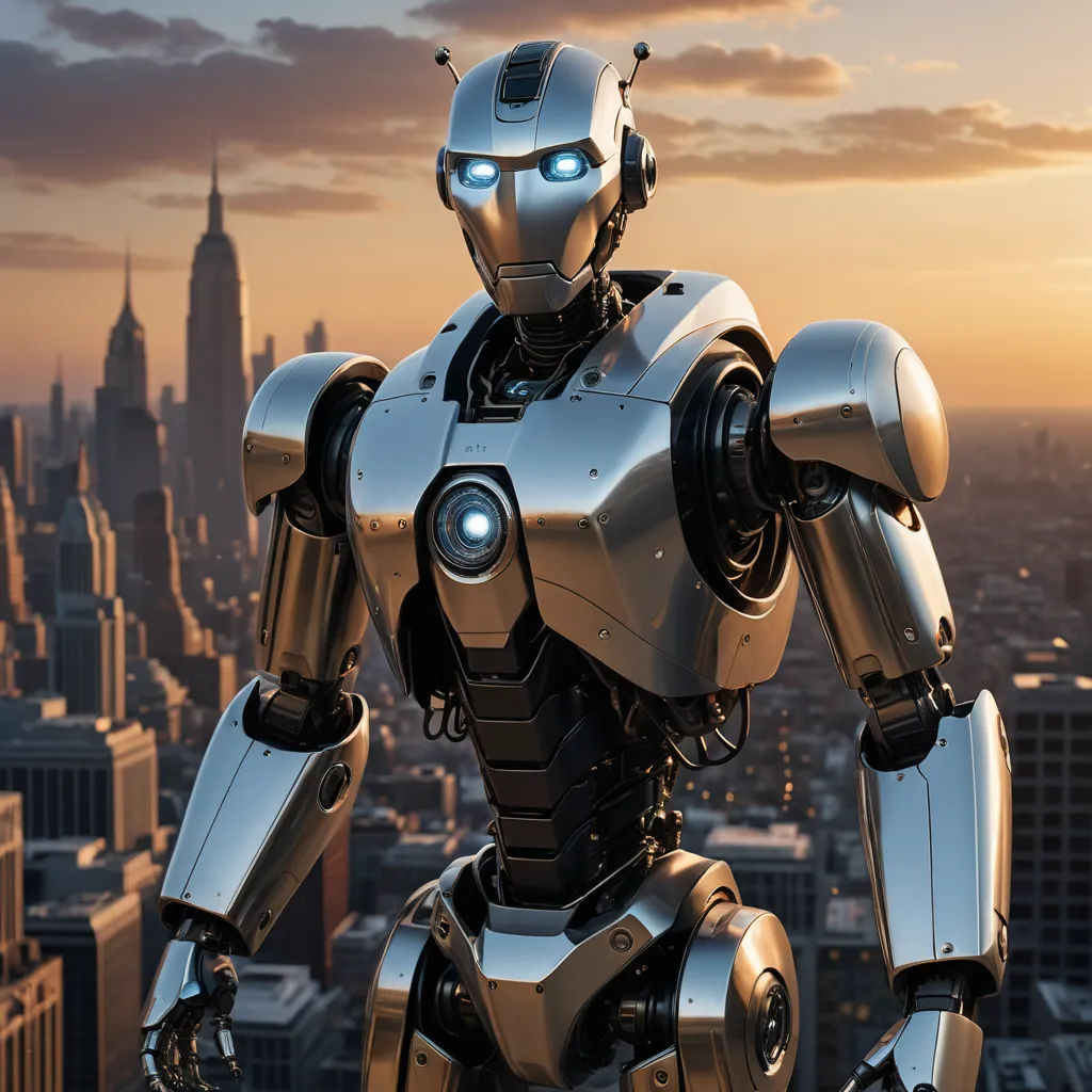 a robot standing in front of a city skyline with a glowing eyeball in the center of his body, les automatistes, a 3D render, Beeple, robot