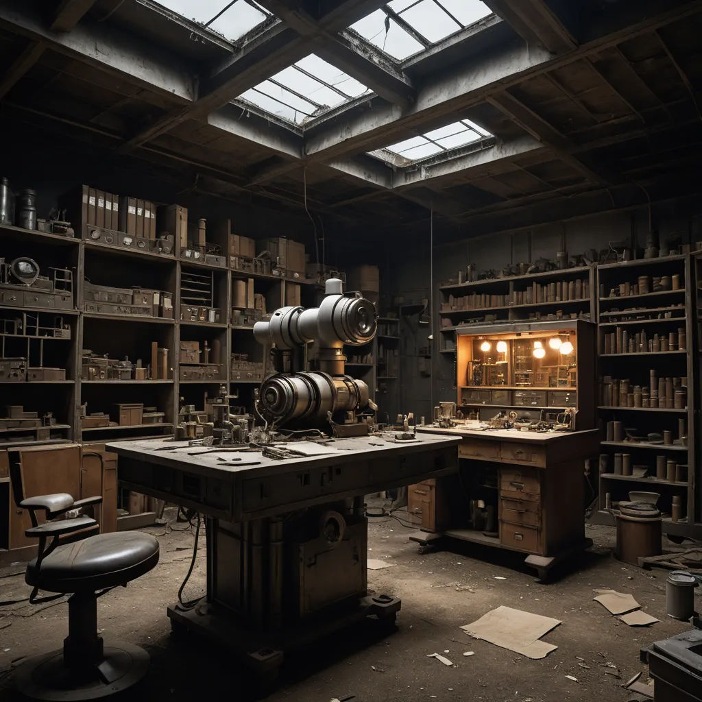 a room with a lot of shelves and a table with a lot of items on it and a skylight, neoplasticism, a matte painting, Emil Lindenfeld, grim yet sparkling atmosphere