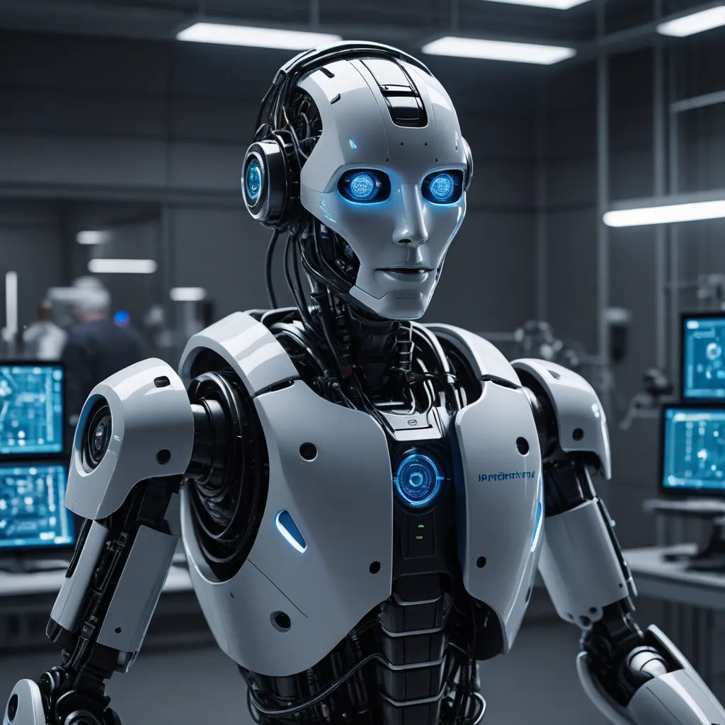 a robot with blue eyes standing in a room with computers on the wall and a man in a suit, les automatistes, a computer rendering, Beeple, robots