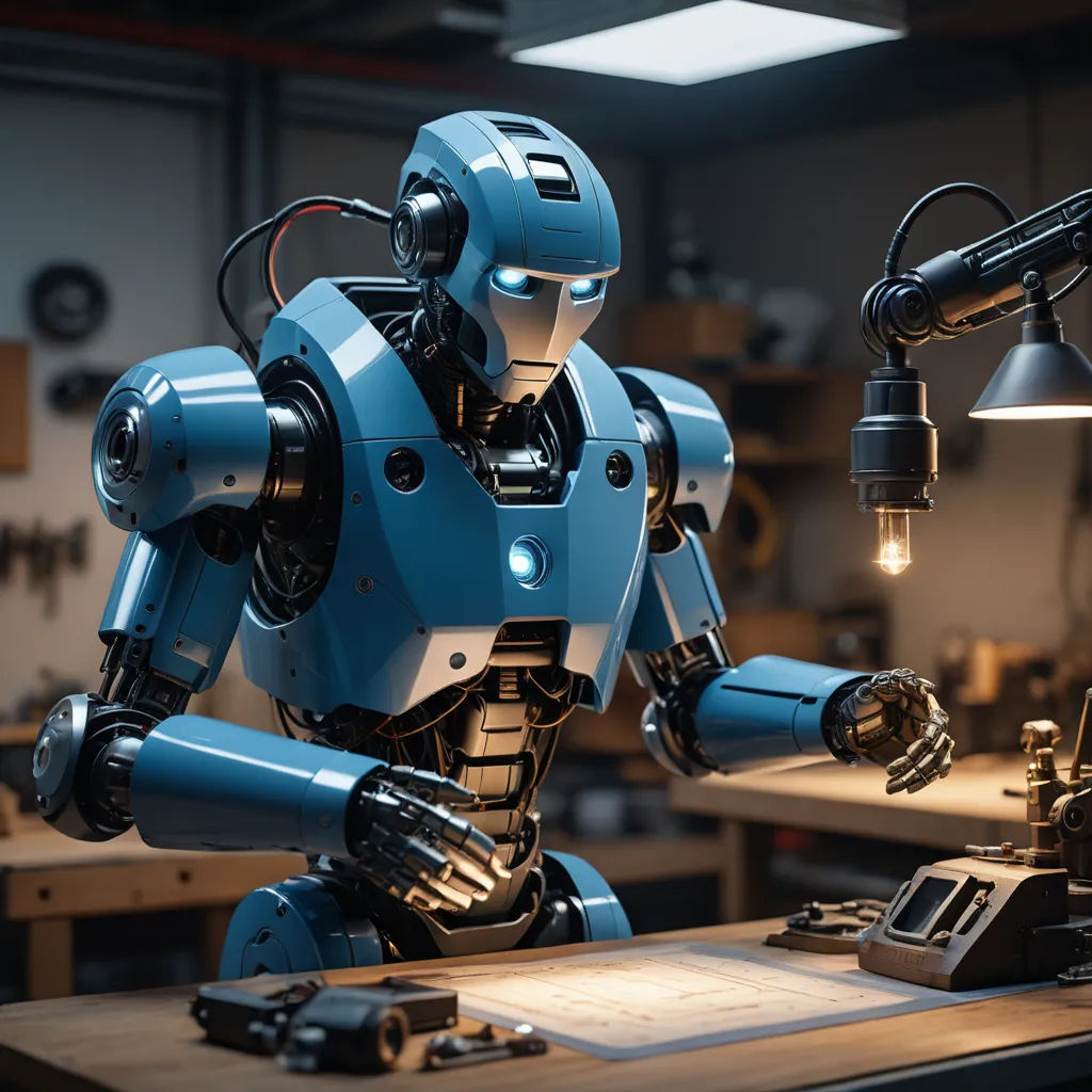 a robot is sitting at a desk with a light on it's head and a lamp on the desk, les automatistes, a computer rendering, Beeple, unreal engine 5 highly rendered