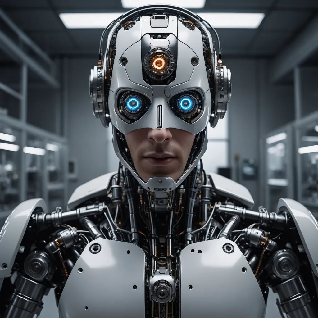 a robot with blue eyes and a white body in a room with mirrors and lights on the walls and a ceiling, les automatistes, a computer rendering, Beeple, cyborg