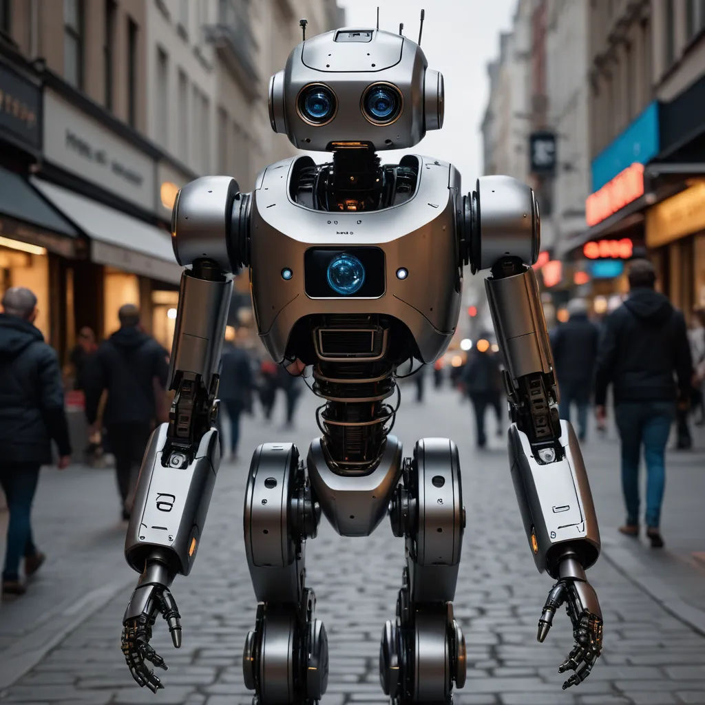 a robot is standing on a city street with people walking by it and a building in the background with a few people walking by it, les automatistes, cyberpunk art, Beeple, robot
