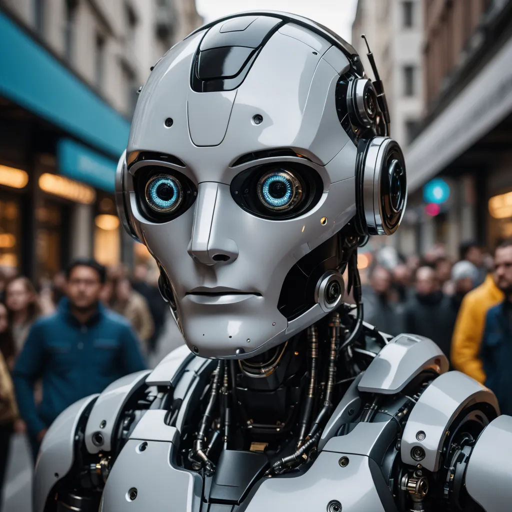 a robot with headphones on standing in front of a crowd of people in a city street with buildings, les automatistes, cyberpunk art, Beeple, cybernetics