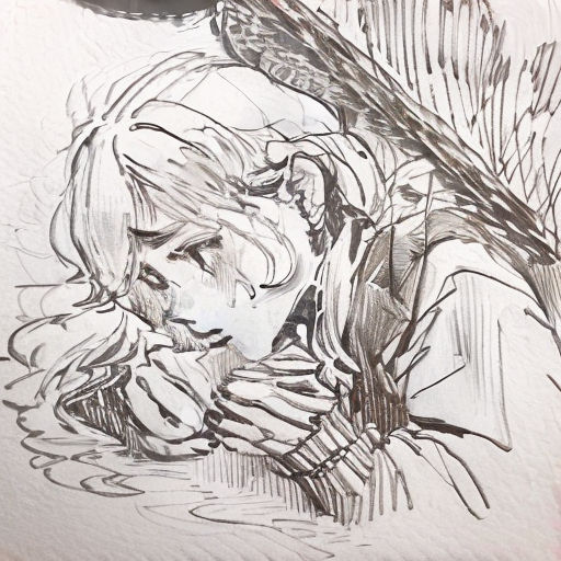 a drawing of a woman holding a bird on her arm and a bird on her shoulder, with a feather flying above her head