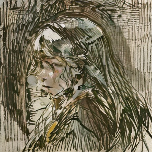 a drawing of a woman with long hair and a white shirt on, with a black and white background