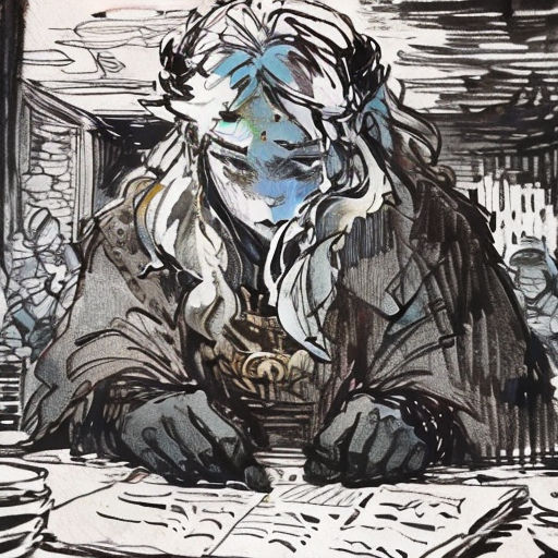 a drawing of a man sitting at a table with a book in his hand and a cup in front of him