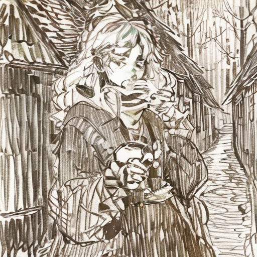 a drawing of a woman holding a cell phone in a snowy alleyway with a bird perched on her shoulder