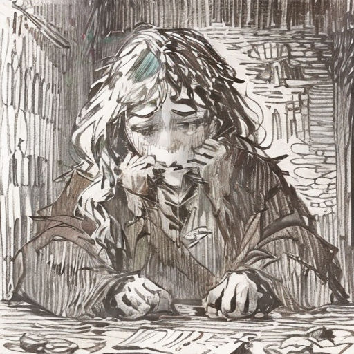 a drawing of a woman sitting at a table with a phone in her hand and a book in her other hand