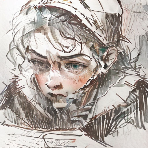 a drawing of a woman with a hat on her head and a scarf on her head, with a white background