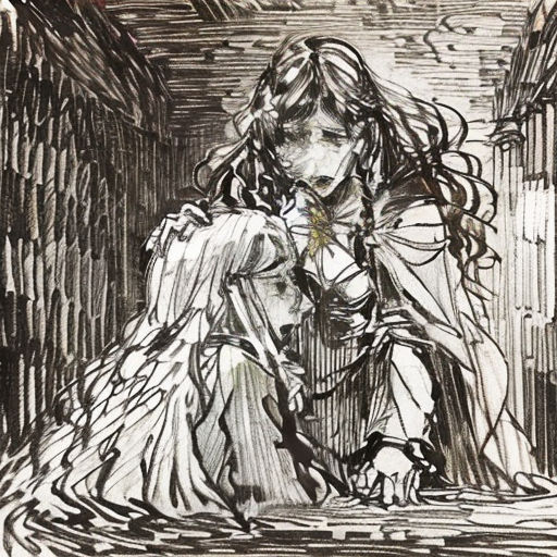 a drawing of a woman in a dress sitting down with a dog in her lap and a man standing behind her