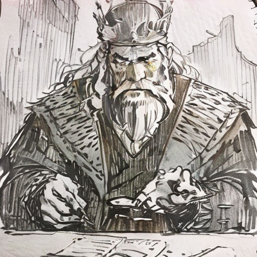 a drawing of a man with a beard and a crown on his head sitting at a table with a pen and paper