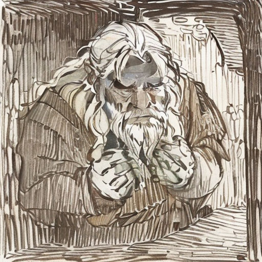 a drawing of a man with a beard and glasses on his face, sitting in a corner with his hands folded