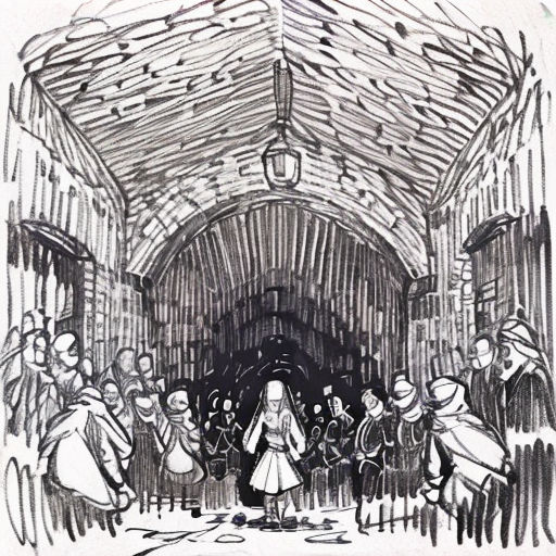 a drawing of a woman in a white dress walking through a tunnel with other people in the background and a man in a red coat