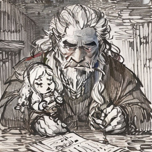 a drawing of a man sitting at a table with a book and pen in his hand and a book in his other hand