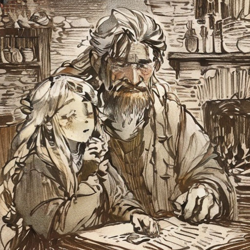 a drawing of a man and a little girl sitting at a table with a book in front of them