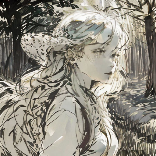 a woman with a white dress and a hat in a forest with trees and grass, looking at something