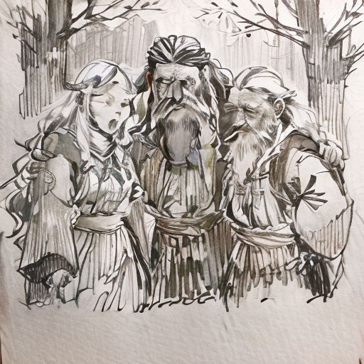 a drawing of three people standing next to each other in front of trees and a dog on the ground