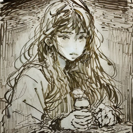 a drawing of a girl holding a bird in her hands and looking at the camera with a sad face