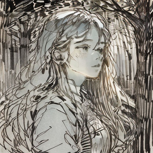 a drawing of a woman with long hair and a tree in the background with leaves on it, and a bird flying overhead