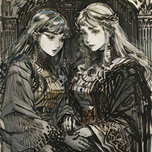 two women are looking at a cell phone together in a drawing by artist mark mcinney of a gothic - style scene