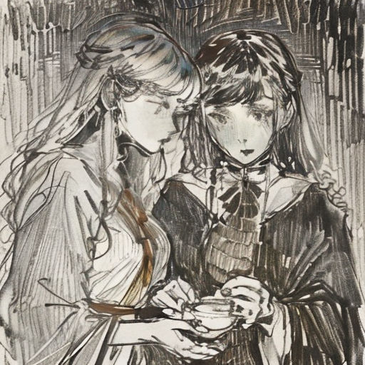 a drawing of two women looking at a cell phone together, one of them is holding a small child