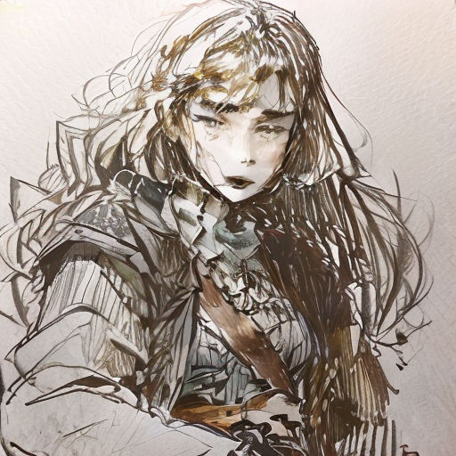 a drawing of a woman with long hair and a coat on her shoulders, holding a knife in her hand