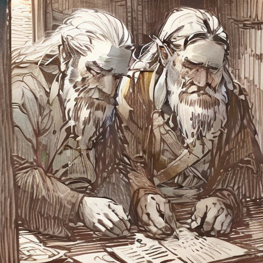 a drawing of two men sitting at a table with papers and a pen in their hands, with a book in front of them