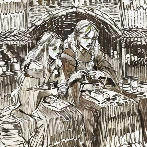 a drawing of two women sitting at a table with a glass of wine in front of them and a basket of food in the background