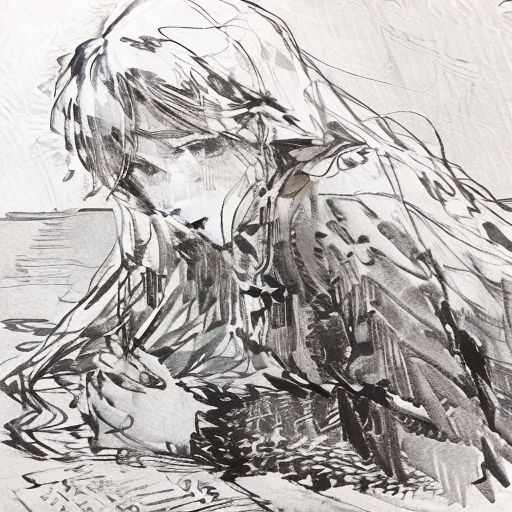 a drawing of a woman sitting on a bench with her head down and her hands on her knees, with a book in front of her
