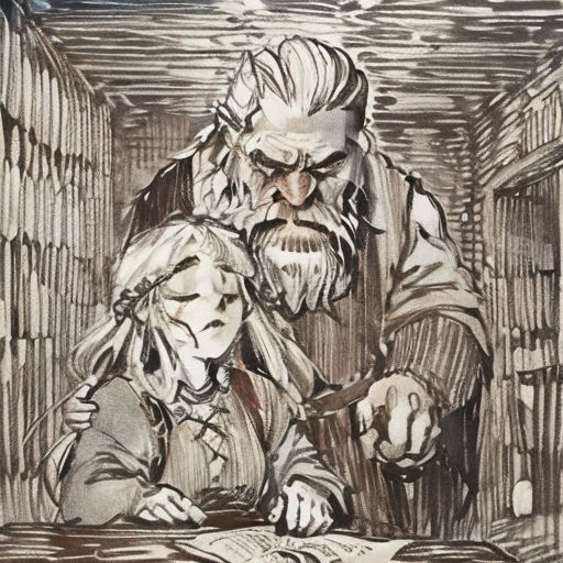 a drawing of a man and a child looking at a book together in a room with a ceiling light