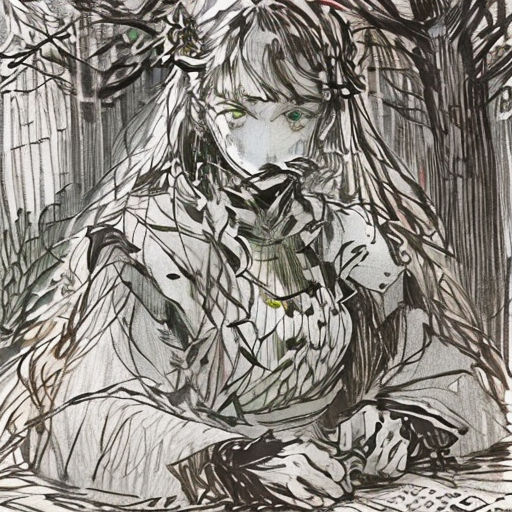 a drawing of a woman sitting on a bed with a book in her hand and a tree in the background