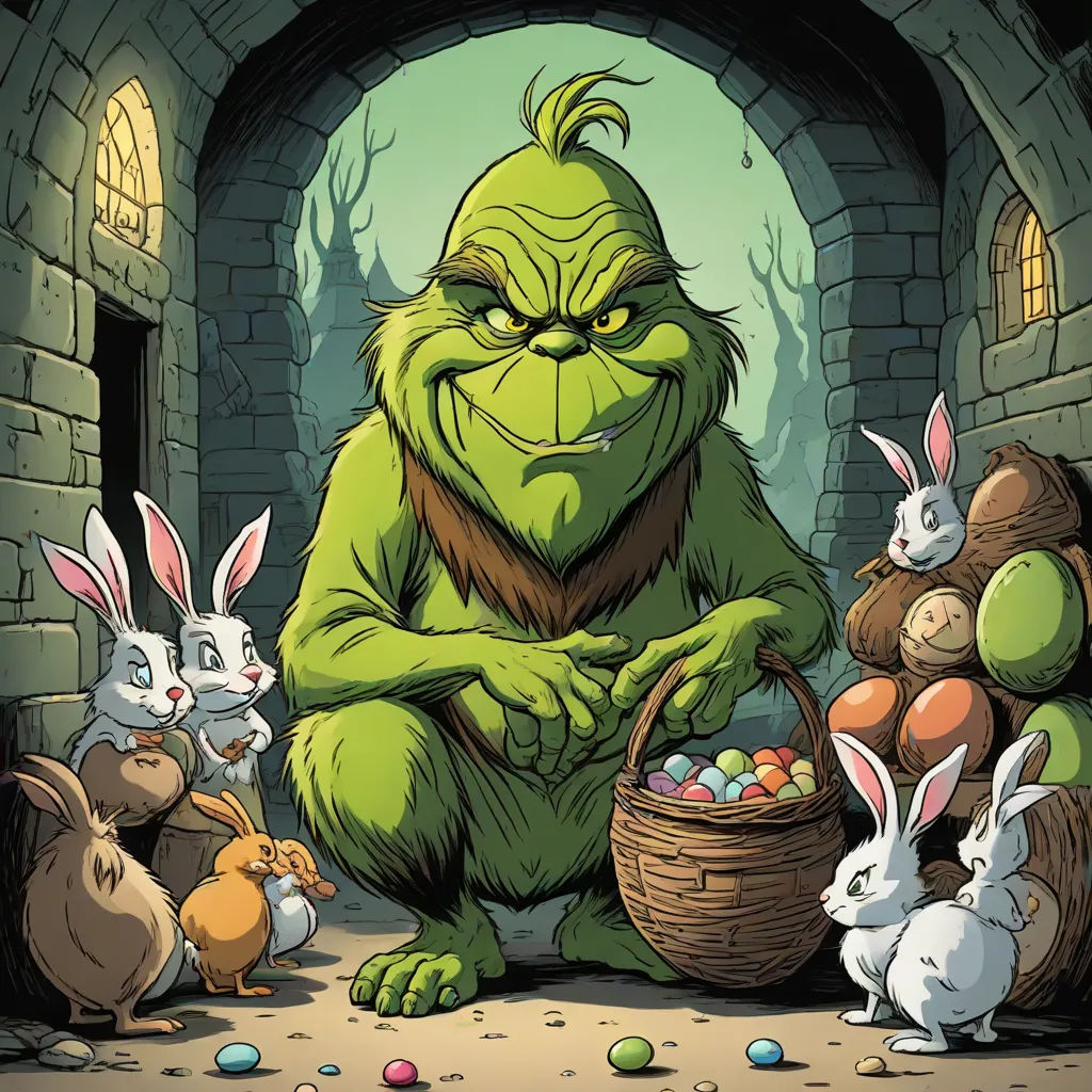 a cartoon of a troll surrounded by rabbits and eggs in a castle doorway with a stone archway leading to it, Drew Struzan, furry art, a character portrait, official art