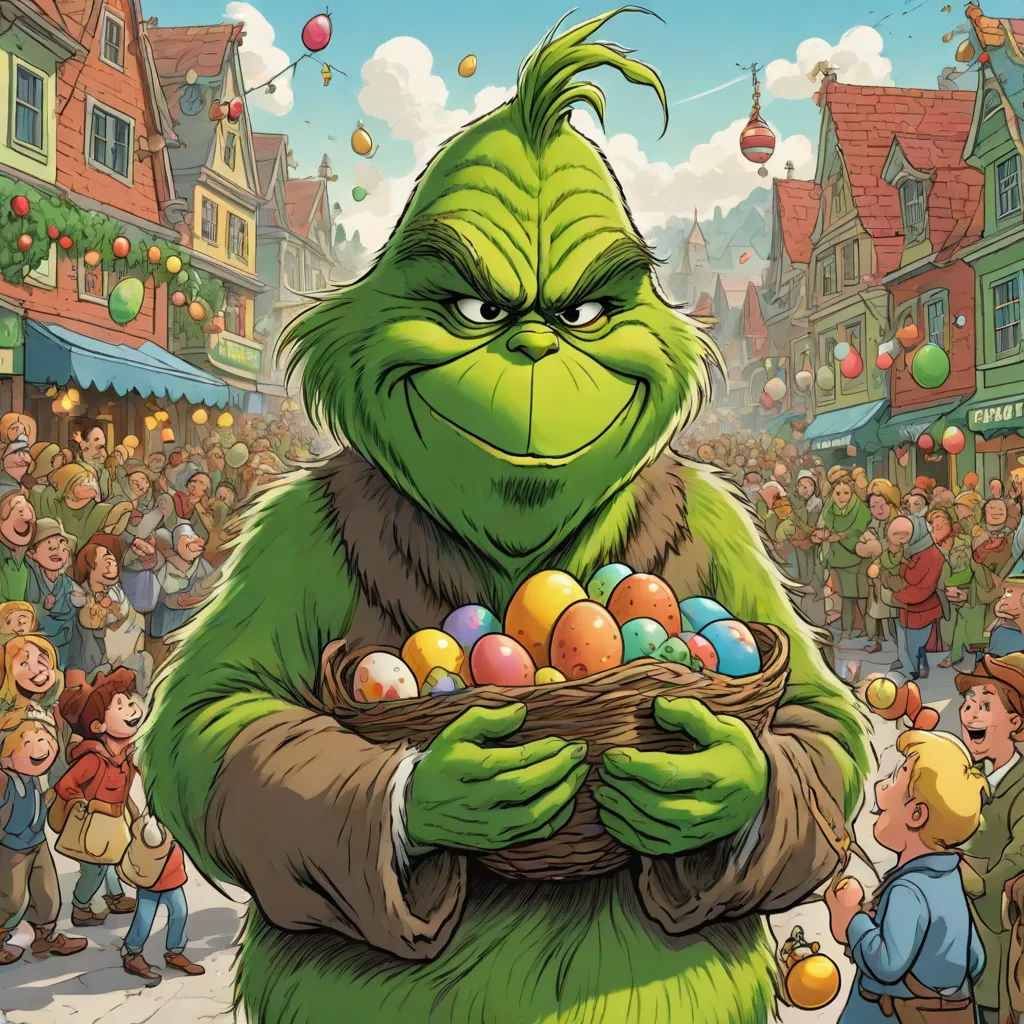 a cartoon character holding a basket of eggs in front of a crowd of people in a town square with balloons, Ernest William Christmas, excessivism, a digital rendering, official art